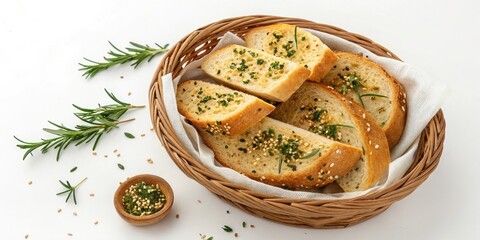 Overhead shot of a basket filled with roasted artesian bread slices topped with sesame seeds and herbs, bread, fresh herbs
