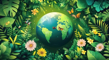 Earth surrounded by lush greenery, flowers, and butterflies; promoting environmental awareness