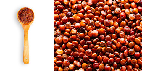 A spoonful of red quinoa on transparent background and a close up of red quinoa grains on a...