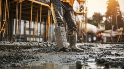 Fototapeta premium A detailed close-up of a construction supervisor inspecting concrete pouring at a high-rise construction site, High-rise concrete pouring inspection scene, Authoritative and meticulous style