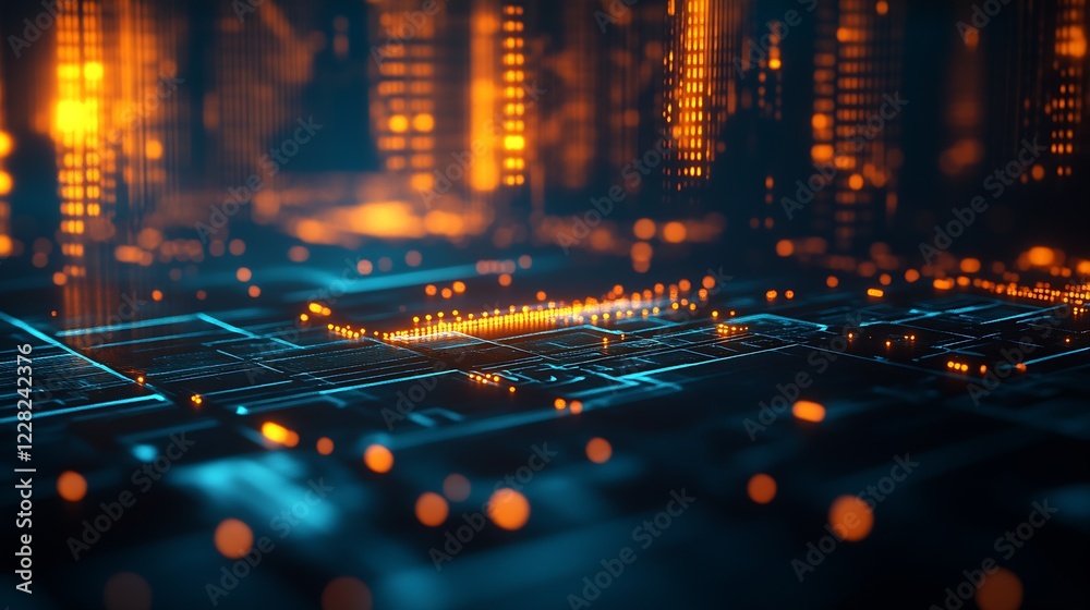 Poster futuristic digital cityscape with glowing orange lights and high-tech design as a concept of modern 