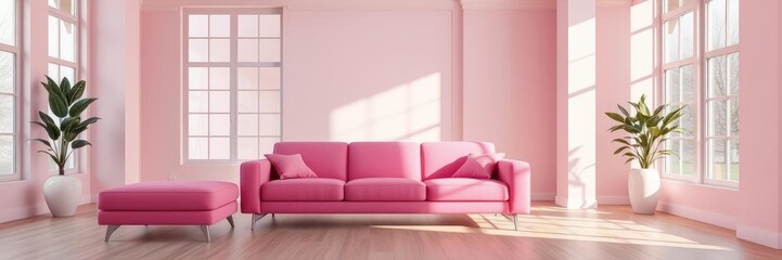Isolated pink sofa in a spacious room with large windows, space, modern