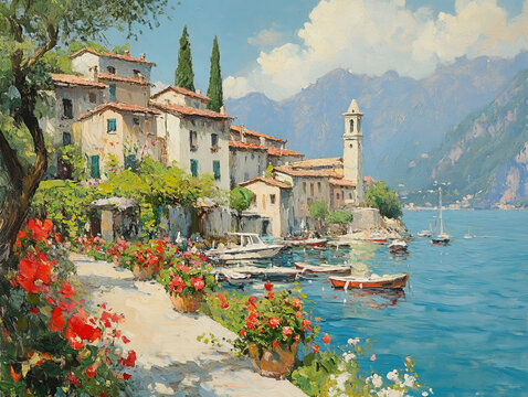 A picturesque painting of an Italian village nestled along the blue waters, with boats docked at the lush greenery and vibrant flowers adorning every corner. 