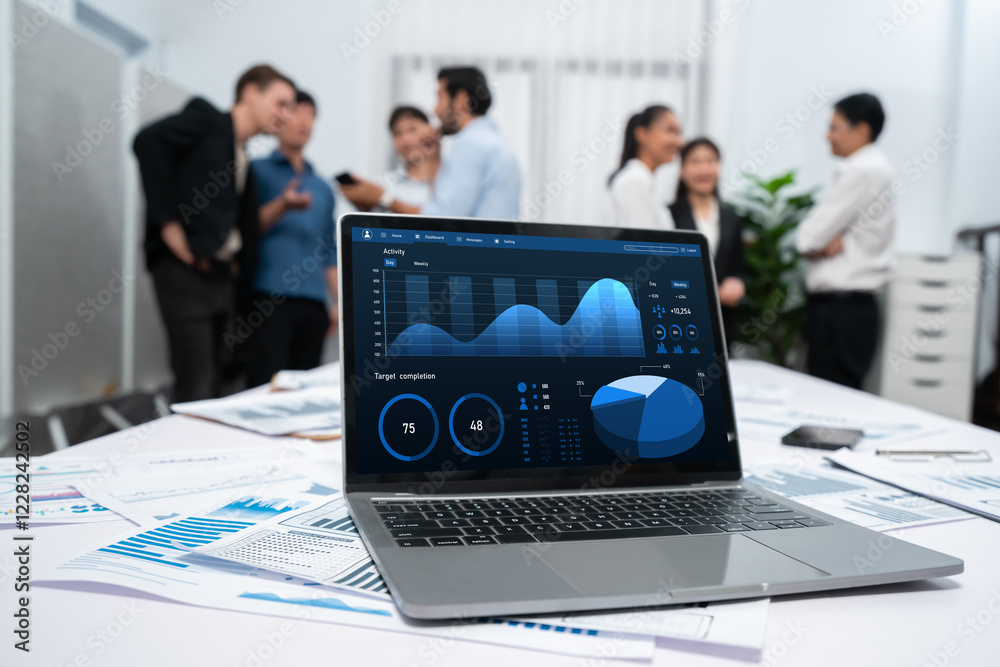 Fototapete analytic database by bi fintech dashboard displayed on laptop for analyzed financial data on blur ba