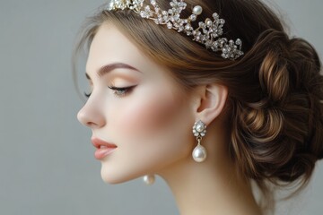 An elegant woman adorned with a sparkling diamond tiara and exquisite pearl earrings looks gracefully to the side. Her soft makeup enhances her timeless beauty against a neutral background