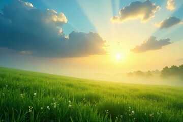 Softly glowing morning sun peeks through wispy cloud layers in the sky above a peaceful landscape with dew-kissed grass, grass, dewy