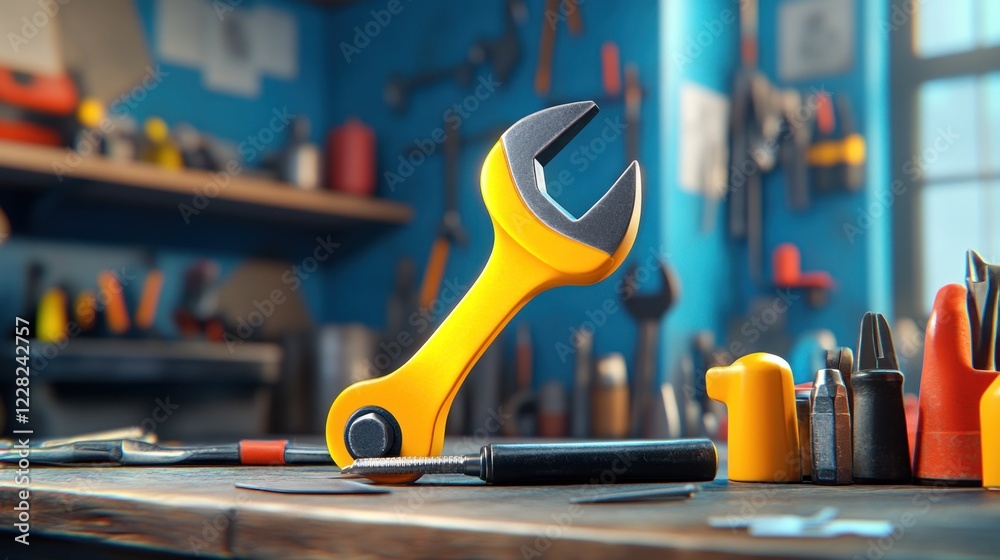 Poster yellow wrench on a workbench in a workshop