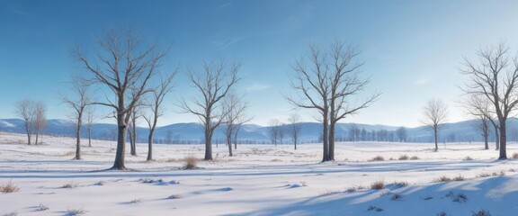 Landscape of bare trees on the horizon with a clear blue sky above and snow-covered ground below, snowfall, cold weather conditions, serene landscape