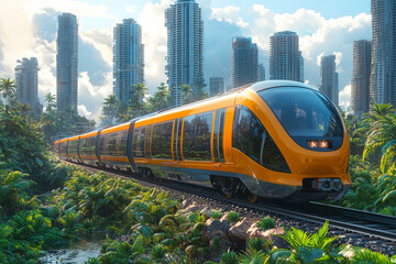Obraz premium High-speed train through lush tropical landscape, modern city skyline in background.
