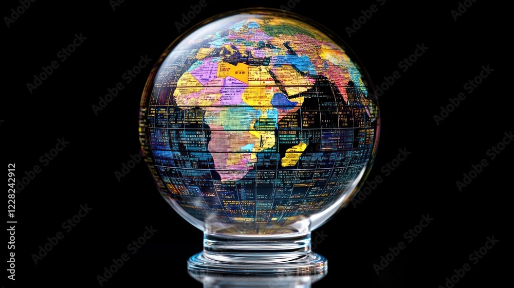 Poster Global Data Network World Map Displayed On Glass Orb