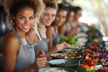 A diverse group of participants preparing fresh nuts in a vibrant outdoor market setting