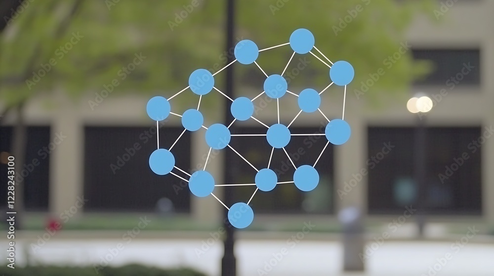 Aufkleber Abstract Digital Network Structure with Blue Nodes Against Modern Urban Backdrop : Generative AI