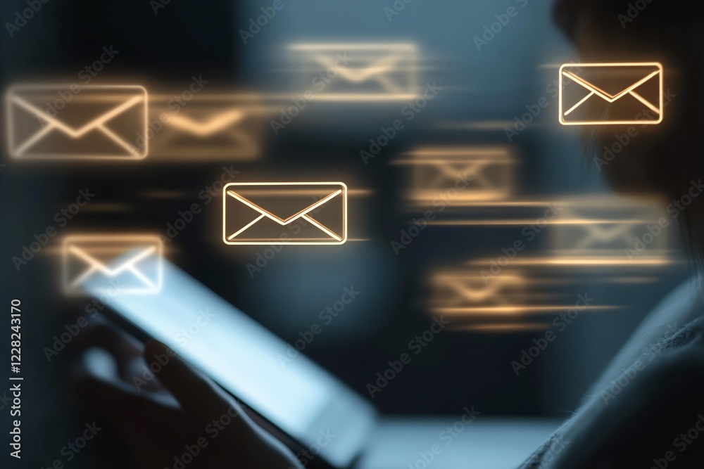 Poster Abstract Blurred Image of Email Notifications with Glowing Envelopes : Generative AI