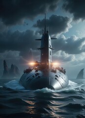 Obraz premium Large military submarine rising from the depths, submerged vessel, sea floor terrain, water turbulence