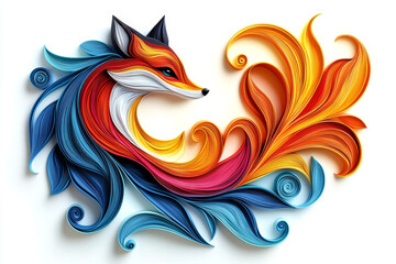 Colorful paper fox, intricate curls, vibrant design.