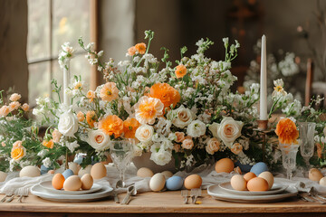 A vibrant Easter brunch table adorned with colorful eggs and fresh flowers, creating a festive and inviting atmosphere for celebrations