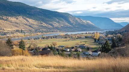 Mountain Valley Town River Houses Autumn Landscape