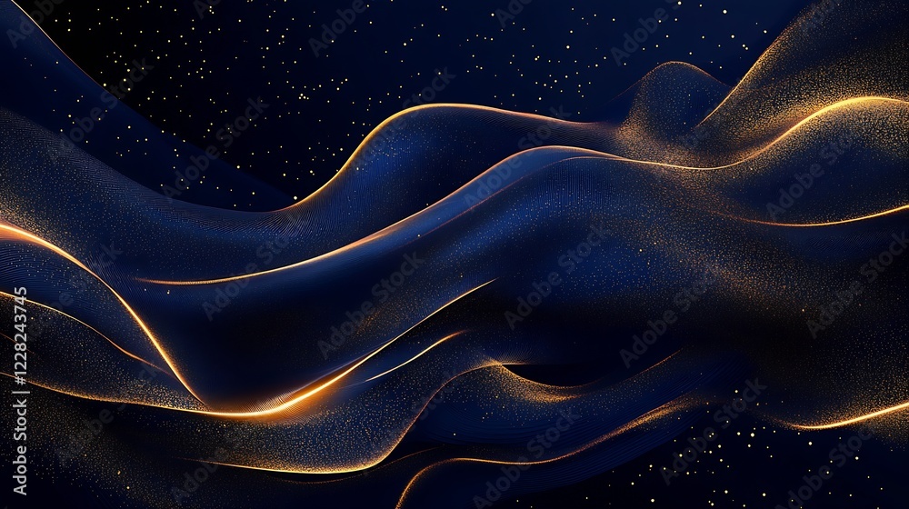 Poster elegant abstract gold and blue waves with starry background design : generative ai