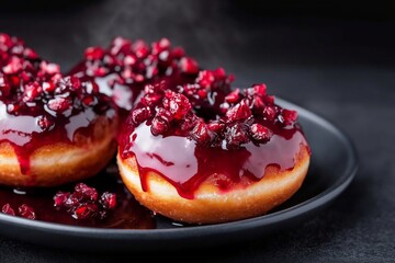 artisanal donuts coated in a glossy pomegranate and hibiscus glaze, their deep ruby-red hues shimmering under moody lighting