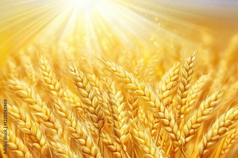 Poster Rays of sunlight shining through golden ears of wheat in a field during the golden hour. Generative AI
