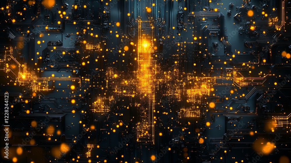 Poster High Tech Circuit Board Abstract Illuminated by Floating Orange Lights : Generative AI