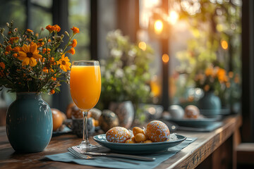 A vibrant Easter brunch table adorned with colorful eggs and fresh flowers