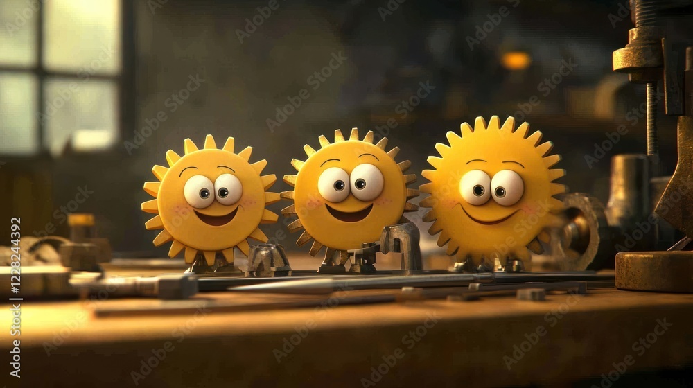 Poster three happy sun gear characters in workshop setting