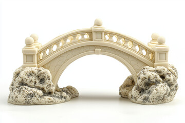 Obraz premium Elegant stone arch bridge miniature, detailed carvings, rocky base.