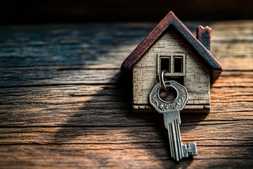 Small house and a key are on a wooden table. The house is made of wood and has a roof