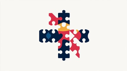 Puzzle pieces forming a cross design in vibrant colors on a simple background