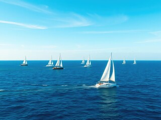 Fototapeta premium Majestic sailboats dotting the endless blue horizon as they glide effortlessly across the waves in perfect harmony with nature, watercraft, blue