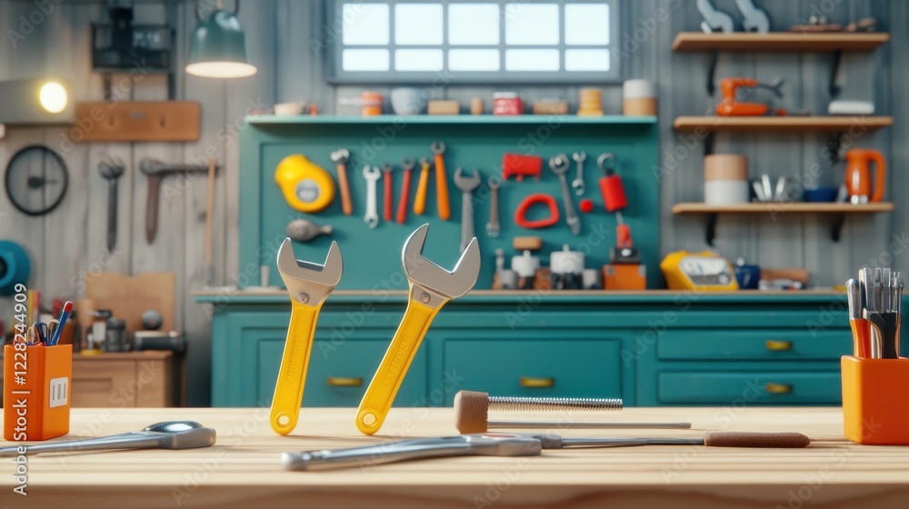 Poster two yellow handled wrenches on a workshop bench