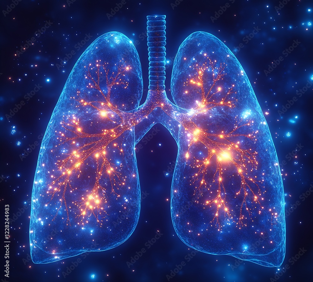 Poster illuminated digital lung concept over starry cosmic background for future health and tech illustrati