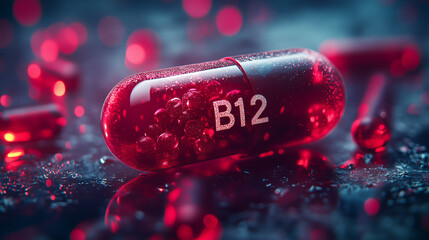 Close-up of a deep red vitamin B12 capsule with a semi-transparent design, showcasing the vibrant red capsules inside, placed on a colorful background.