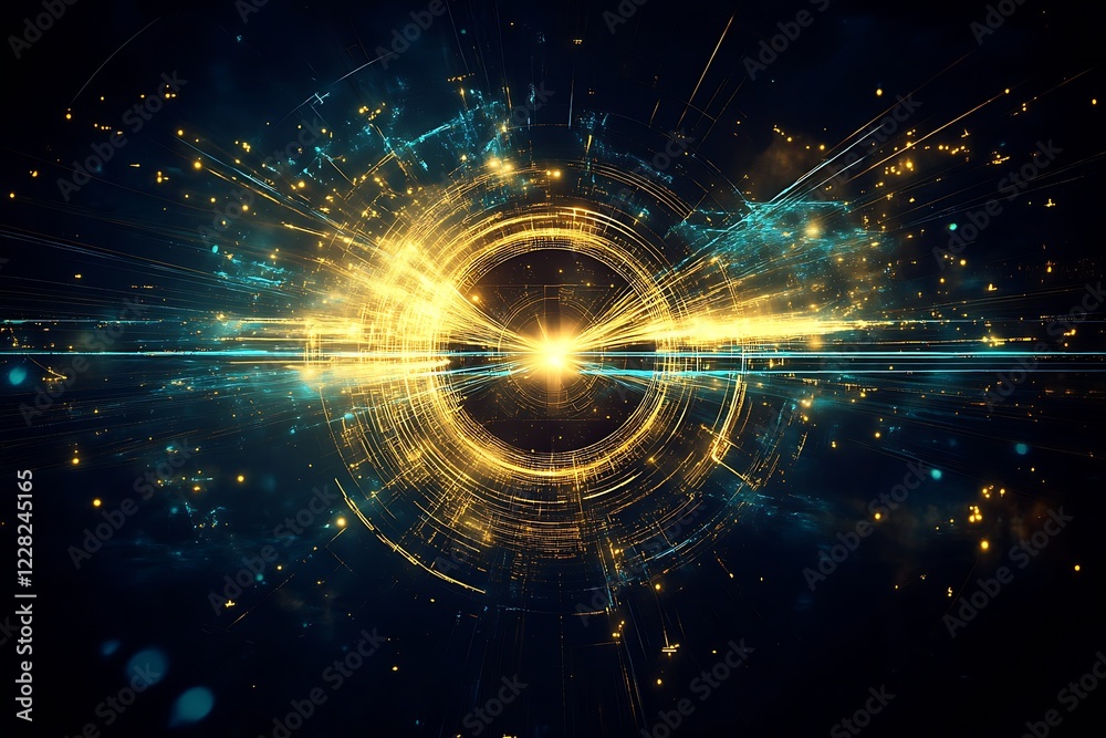 Poster dynamic gold and blue digital burst abstract energy sci-fi : generative ai