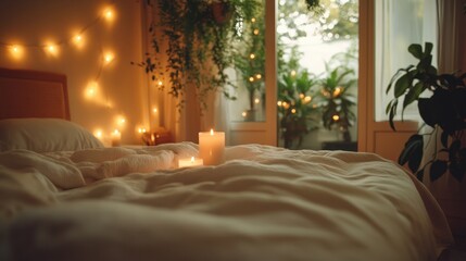 Obraz premium Serene bedroom with warm lighting, cozy blankets, candles, digital detox environment