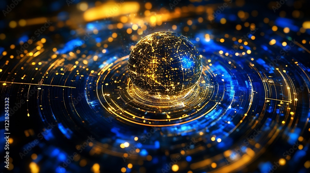 Aufkleber glowing digital globe encircled by blue and gold light streams representing advanced technology : ge