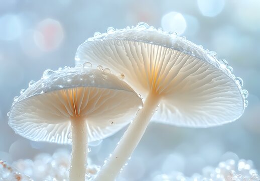 Delicate white mushrooms with translucent caps covered in morning frost crystals against soft blue bokeh background, creating ethereal natural macro photography.