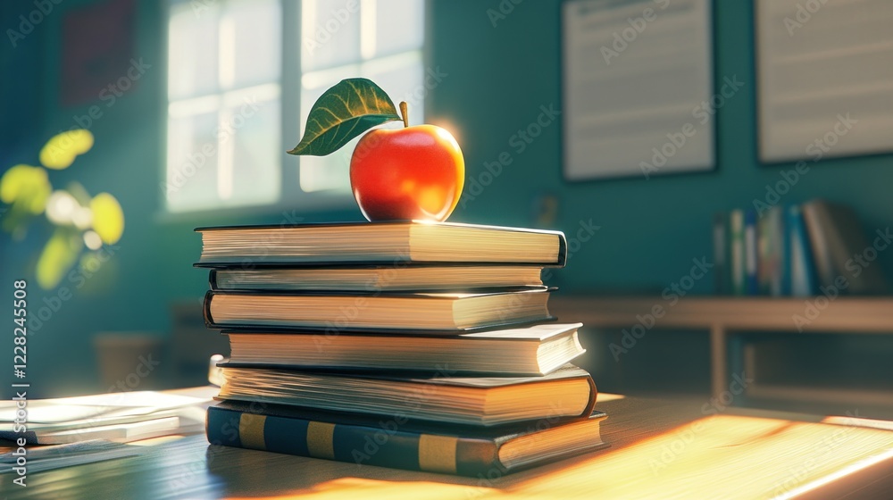Poster red apple rests atop a stack of books in a classroom