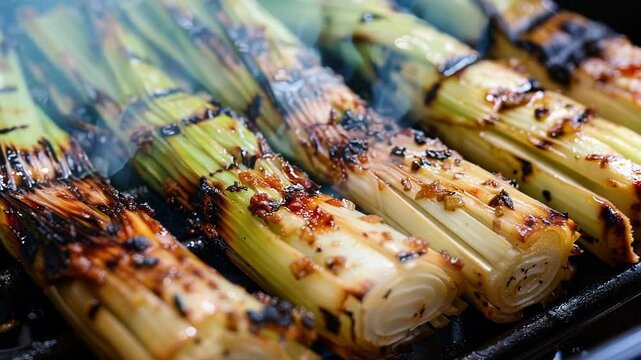 Grilled leeks with balsamic glaze on a pan, perfect for any meal. Vibrant and delicious, a gourmet delight for bbq or dinner
