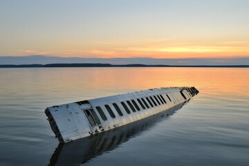 A piece of an airplane wing rising like an ancient artifact from the middle of a calm river, reflecting the light of a setting sun. The wing seems to float in time