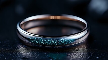 Elegant silver ring with luminous turquoise crystal inlay on dark background with water drops, showcasing luxury jewelry craftsmanship and modern design details.