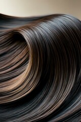 Smooth waves of dark brown and black hair strands flowing in elegant curves create abstract pattern with silky texture and natural shine for beauty and fashion designs.