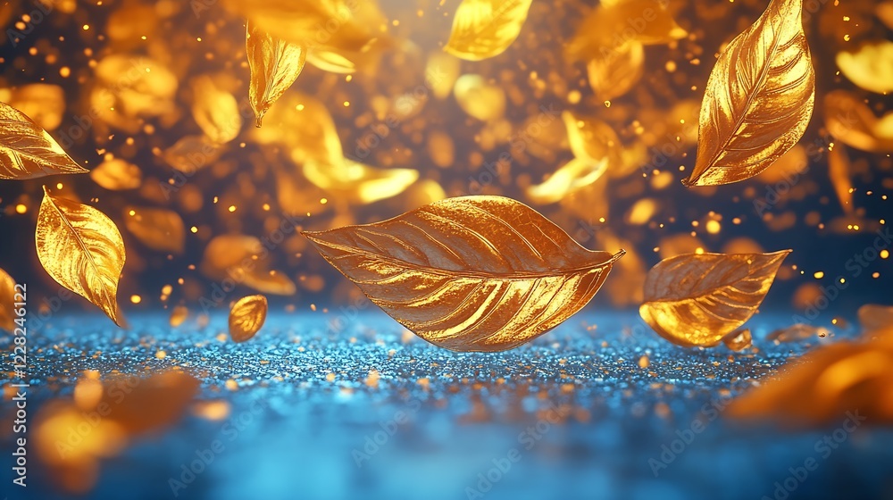 Poster Sparkling Gold Leaves on Glittering Blue Surface in Abstract Art : Generative AI