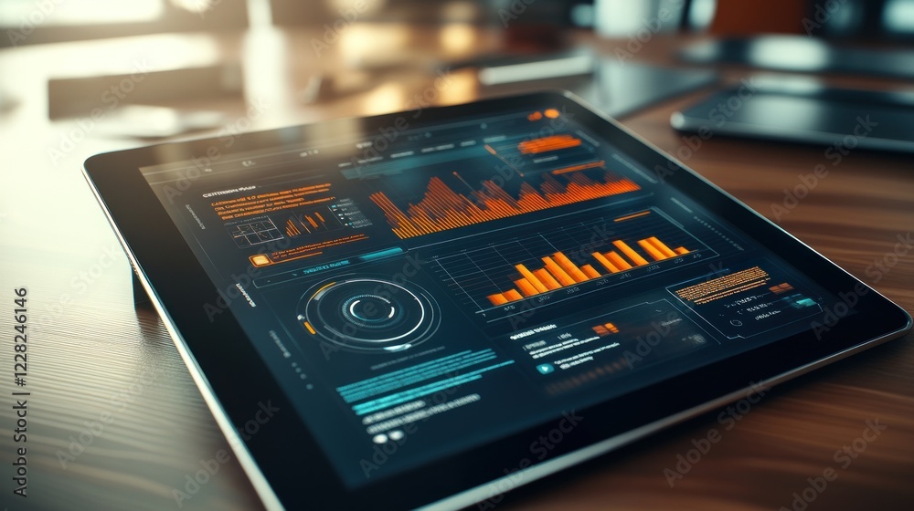 Poster tablet displaying financial data and charts