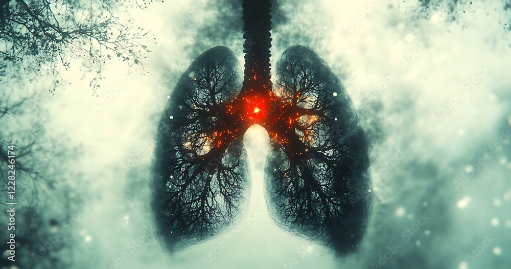 Poster abstract artistic illustration of lungs with mystical connections and glowing elements : generative 