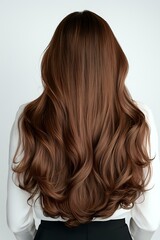 Fototapeta premium Back view of long wavy brown hair styled with soft curls, showing professional salon result on woman wearing white blouse against light background.