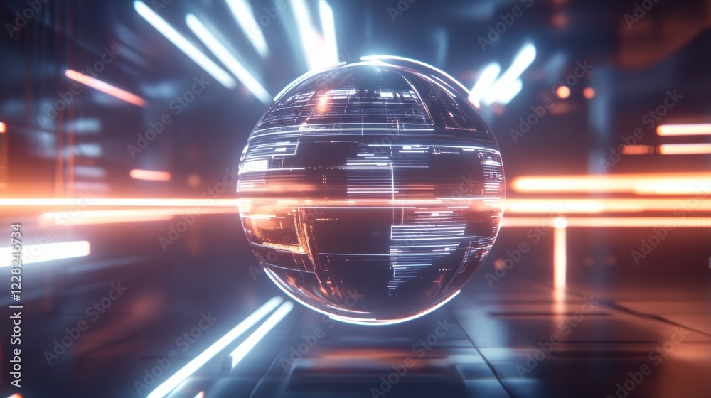 Fototapete Spinning globe with glowing contour lines illuminated in a futuristic setting showcasing global connectivity. Generative AI