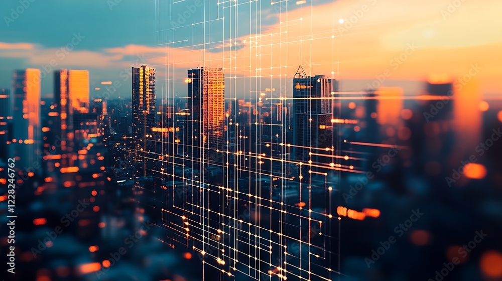 Aufkleber Technology-Driven Cityscape Highlighting Innovation and Data Streams at Sunset : Generative AI