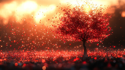 Naklejka premium Tree with red leaves is blowing in the wind. The leaves are falling from the tree and creating a beautiful scene. The image has a peaceful and calming mood